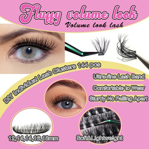 SZYZKJ Eyelash Extension Lash Cluster 3D Effect DIY Cluster Lashes Eyelash Extensions 144pcs D Curl Lashes 12-18mm Mix Wispy Individual Lashes Cluster Eyelash Cluster Lash Extension