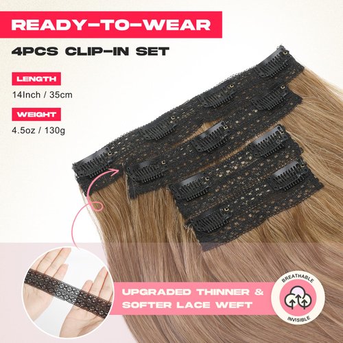 NTYNTY Clip in Hair Extensionss, 4PCS Hair Extensions 14" Short Layered Cut Hair Extensions Invisible Lace Weft Natural Soft Hairpieces for Women - Light Brown with Highlights