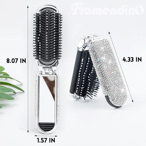 Framendino, Rhinestone Travel Hair Brush with Mirror Crystal Portable Folding Pocket Hair Brush Sparkle Collapsible Compact Hair Comb for Women Silver