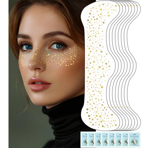 Wugbc Glitter Freckles Face Tattoo Gold Makeup Speckle Patches Fake Freckle Waterproof Sparkle Temporary Tattoos Sticker 8 Counts Accessories for Women Cosmetic Shiny Music Festival Stage Rave Party