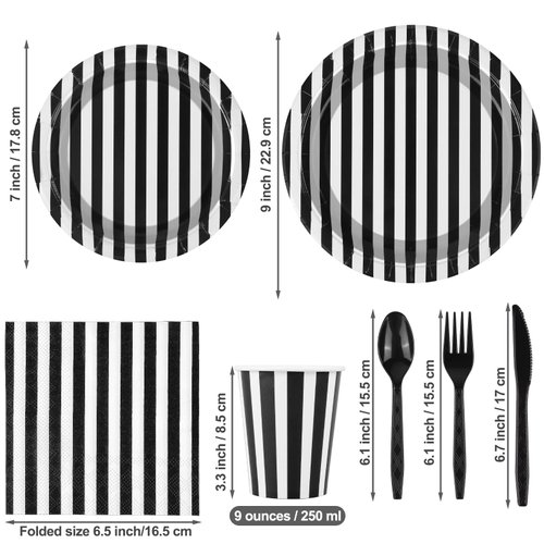 durony 113 Pieces Black and White Striped Party Supplies Table Decorations Includes Paper Napkins Cups Plates Knives Forks Spoons Tablecloth Disposable Tableware Set for Birthday Graduation Wedding