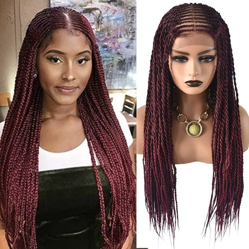 31 Inch Micro Twist Box Braided 13"x6.5" Swiss Lace Front Wigs For Black Women With Baby Hair Kanekalon Japanese Synthetic Fiber Heat Friendly African Glueless Cornrow Braiding Hair (#T1B/BUG Black Mix Red)