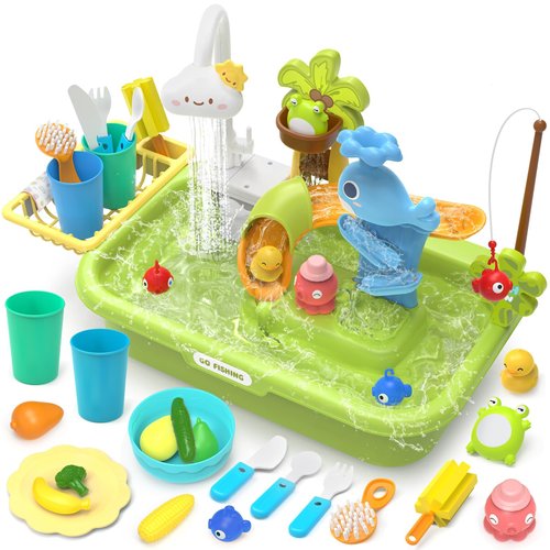 Play Sink with Running Water, 4-in-1 Kids Kitchen Sink Toys with Electric Faucet, Water Table Floating Pool Toy w/Fishing Game, Duck Slide, Pretend Play Dishwasher Set for Toddler Boys Girls (Green)
