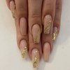 MISUD Long Coffin Press on Nails Ballerina Fake Nails Bling Gold Glitter Artificial Acrylic Nails Glossy Glue on Nails Elegant Nude Pink Gel Stick on False Nails with Design 24 pcs
