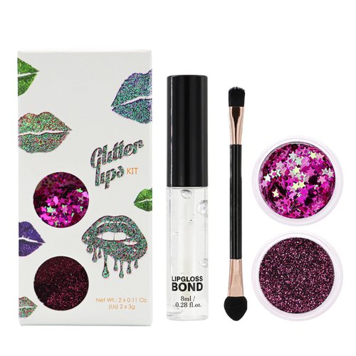 DLZZRS 2 Colors Glitter Lip Kit, Diamond Metallic High Pigmented Powder for Lips Cosmetics,Shimmer Sparkly Glitter Lips Makeup,with Lip Primer and Brush, Long Wear, Transfer Proof Smudge-proof (SET C)