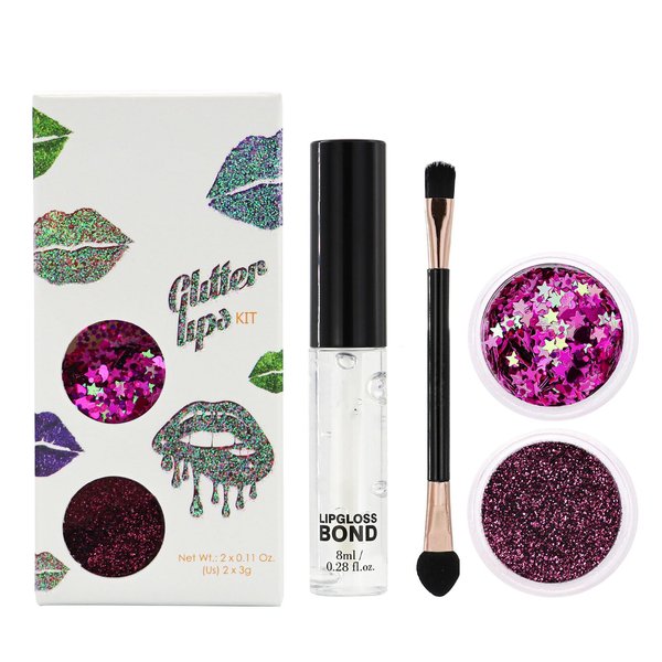 DLZZRS 2 Colors Glitter Lip Kit, Diamond Metallic High Pigmented Powder for Lips Cosmetics,Shimmer Sparkly Glitter Lips Makeup,with Lip Primer and Brush, Long Wear, Transfer Proof Smudge-proof (SET C)