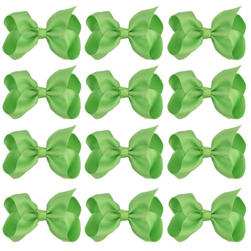 4 Inch Boutique Girls Hair Bows Hair Clips for Baby Girls Toddlers 12 Pcs Solid Color (Apple Green)
