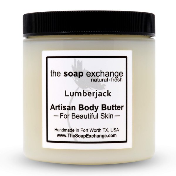 The Soap Exchange Body Butter - Lumberjack Scent - Hand Crafted 4 fl oz / 120 ml Natural Artisan Skin Care, Shea Butter, Aloe Vera, Nourish, Moisturize, & Protect. Made in the USA.
