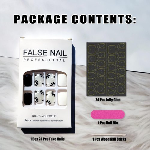 24Pcs Flowers Press on Nails Short Oval Black White Glossy Fake Nails with Design Reusable Spring Flower Acrylic Nails Supply Floral Design False Nails Stick On Nails for Women Girls KTAABTR Nails Set