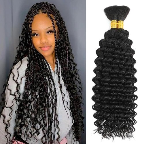 Human Braiding Hair 26 Inch Deep Wave Bulk Human Hair for Braiding No Weft 100% Unprocessed Curly Braiding Hair Human Hair Extensions for Boho Braids Wet and Wave Natural Black Color (100g/Pack)