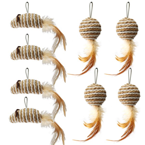 ROSAUI Cat Feather Toys Refills Cat Wand Toy Replacement, 8pcs Natural Rustling Mice and Balls, Handmade Paper Toys for Indoor Kittens