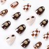 Short Almond Press on Nails Fall Brown Fake Nails French Tip False Nails with Hearts Flowers Brown Checkerboard Designs Cute Full Cover Round Head Acrylic Nails Glossy Autumn Glue on Nails for Women