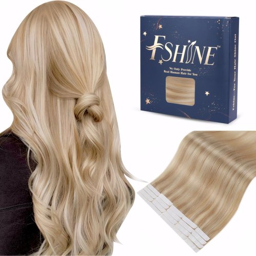 Fshine Blonde Tape in Hair Extensions Human Hair 18 Inch Golden Blonde Highlighted with Dark Ash Blonde Tape in Remy Hair Extensions Silky Straight Blonde Hair Tape in Extensions 20pcs 50g