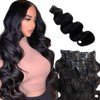 Body Wave Seamless Clip in Hair Extensions Human Hair, 12 Inch 80g 7pcs Natural Black Human Hair Clip in Extensions, Invisible PU Skin Weft Natural Remy Human Hair Extensions for Women Full Head