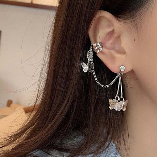 YienDoo Silver Butterfly Chain Tassel Cuff Earrings Vintage Long Butterfly Hinge Dangle Drop Earrings Single Butterfly Ear Clips Statement Butterfly Crawler Cuff Earrings Jewelry for Women Girls