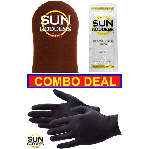 Sun Goddess - Best Combo Deal - Includes: 1 Sunless Self Tan Applicator Mitt + 1 Sunless Self Tanner Lotion Sample + 1 PAIR Sunless Self Tanning Application Gloves - Self Tanning Mitt Gloves Lotion