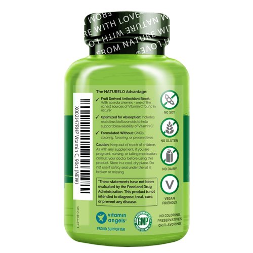 NATURELO Vitamin C with Organic Acerola Cherry Extract and Citrus Bioflavonoids - Vegan Supplement - Immune Support - 500 mg VIT C per Cap - Non-GMO - 90 Capsules