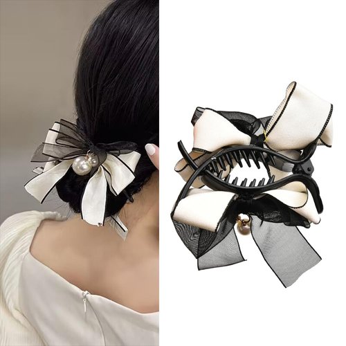 Bow Pearl Hair Clips for Women Girls Bow Claw Clip White Ribbon Bowknot Hair Clip Barrettes for T...