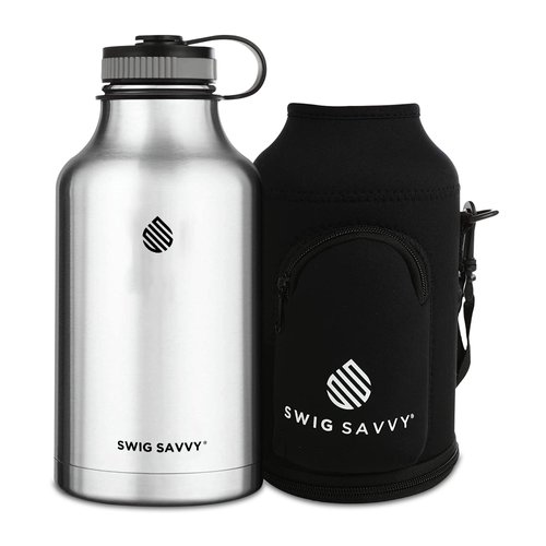 Swig Savvy Vacuum Insulated Stainless Steel Double Wall Wide Mouth Sports Water Bottle with Storage Sleeve, 64 Ounces, Silver
