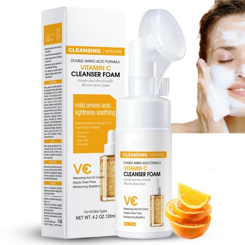 ISHERBIN Vitamin C Hydrating Foaming Facial Cleanser - Foaming Cleanser with Silicone Face Brush, Gentle Face Cleanser for Acne-Prone Skin, Daily Foaming Face Wash for Women & Men - Vegan 4.2oz