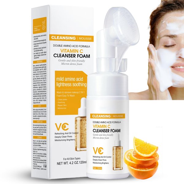 ISHERBIN Vitamin C Hydrating Foaming Facial Cleanser - Foaming Cleanser with Silicone Face Brush, Gentle Face Cleanser for Acne-Prone Skin, Daily Foaming Face Wash for Women & Men - Vegan 4.2oz