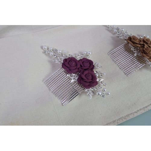 Suete Bridal Pearl Hair Comb with Flower Rhinestone Hair Clips Accessories for Wedding Bride Shower Festival Evening Party Headpiece (Burgundy)