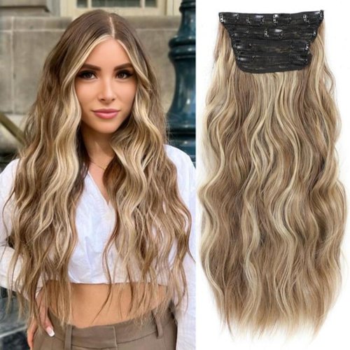Dorsanee Clip in Hair Extensions 20 Inch 4pcs Ash Brown Mixed Ash Blonde Long Wavy Highlight Synt...