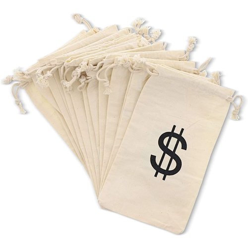 Juvale 12 Pack Dollar Sign Drawstring Gift Bags, Cowboy Pirate Theme Birthday Party Favor Canvas Pouches, 4.3 x 7 in