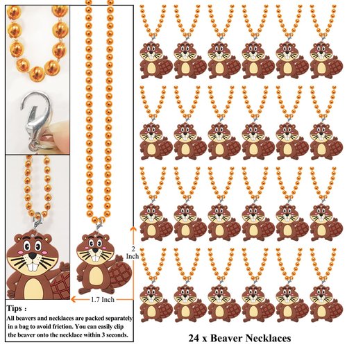 KeeStar 24 Pack Beaver Necklace Party Favors for Wild Animal Themed Baby Shower, Birthday Party Goodie Bag Fillers，School Carnival Rewards, Photography Props, Home Decorations, Classroom Prize