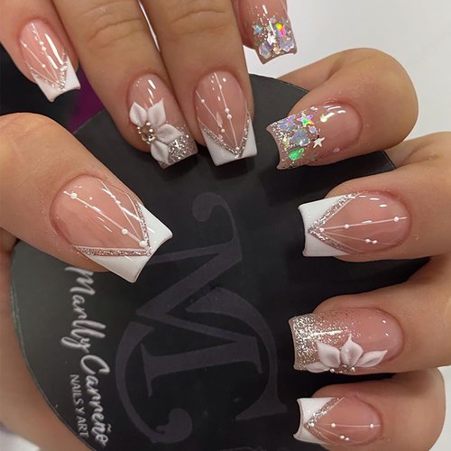 V French Tips Press on Nails Short Square Fake Nails Flower Acrylic Nails White False Nails with ...