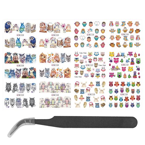 CAIRIAC Owl Nail Art Stickers Self-Adhesive Decals for Nail Art, Nail Wrap Stickers for Women Girls Gift, Cute Owls Nail Art Accessories Stickers Water Transfer Decals (12 Sheets)