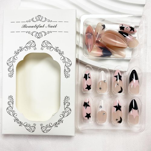 Star Press on Nails Medium Almond Fake Nails French Tip False Nails with Designs Y2K Acrylic Glue on Nails Glossy Full Cover Stick on Nails Stiletto Artificial Nails for Women Manicure 24Pcs