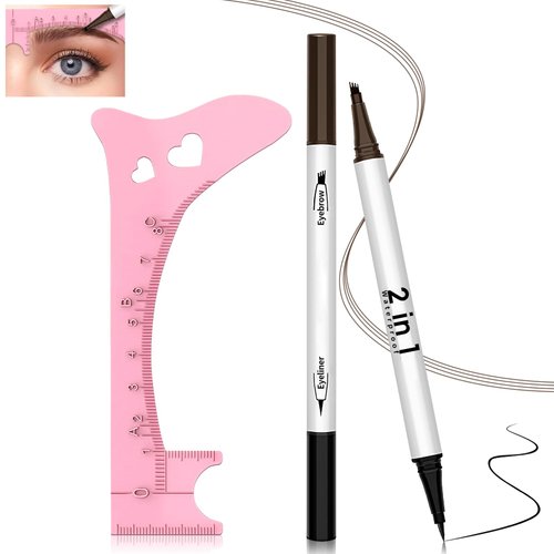 HOSAILY Microblading Eyebrow Pen+ Silicone Brow stencil Template, Magic 2 in 1 3D Waterproof 4-Tip Lift Snatch Brow Tint Pencil for Natural Hair Like Strokes, Eye Makeup Guide Measure Tool-Dark Brown