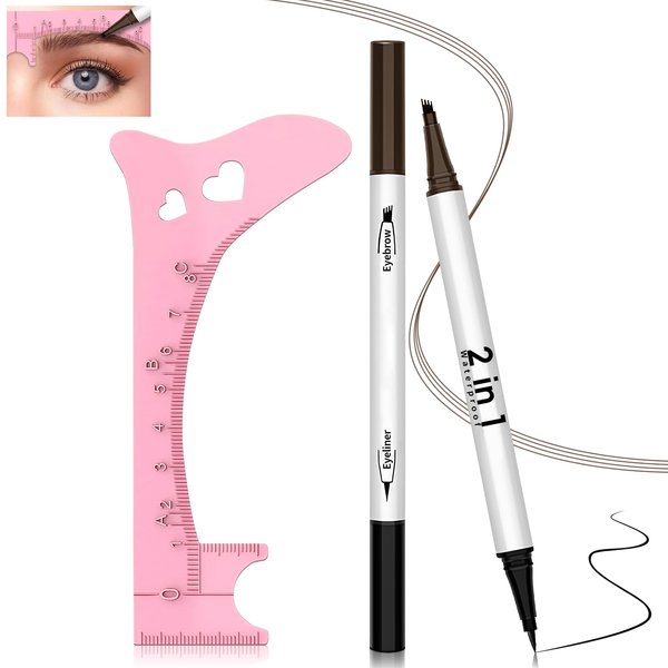 HOSAILY Microblading Eyebrow Pen+ Silicone Brow stencil Template, Magic 2 in 1 3D Waterproof 4-Tip Lift Snatch Brow Tint Pencil for Natural Hair Like Strokes, Eye Makeup Guide Measure Tool-Dark Brown