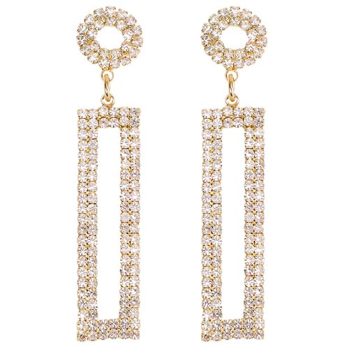 Legitta Rhinestone, Nickel Long Drop Earrings Gold Cubic Zirconia Sparkly Statement Rectangle Dangle with Circle Studs for Women Girls Wedding Jewelry
