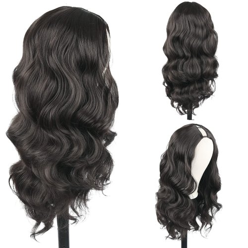 KRSI 24 Inch V Part Wig Body Wave Synthetic Wigs for Black Women, V Part Wigs Glueless Half Wigs for Black Women No Leave Out V Shape Wigs Full Head Clip in Half Wig Thin Part Wig (24Inch,2#)