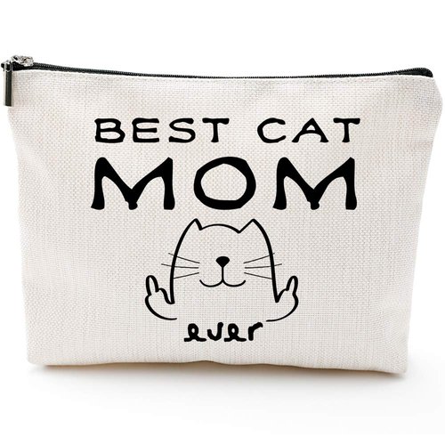Blue Leaves Best Cat Mom Ever - Gifts for Cat Lovers for Women, Funny Cat Gifts Cat Lovers, Mothers Day Birthday Gifts for Mom - Funny Cat Makeup Bag, Cat Gift Cosmetic Bag 1