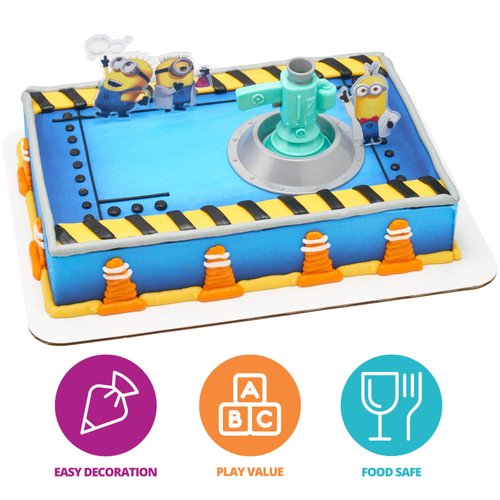 DecoSet® Minions Fart Bubble Blaster Cake Topper, 4 Piece Decoration Set With Working Bubble Wand, Stand, & Kevin, Bob, & Stuart Minions | For Birthday And Celebrations