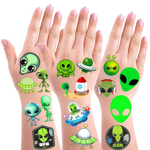 OriniPlay 300 Green Alien Theme Tattoos Temporary Stickers Suitable for Outer UFO Space Alien Themed Birthday Party Supplies Decor Goodie Bag Stuffers 30 Sheets