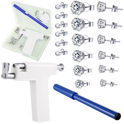 Stainless Steel Body Ear Piercing Tool Set Ear Nose Navel Piercing Machines with 12 Pairs Stainless Steel Stud Earrings for Salon Home Use (White)