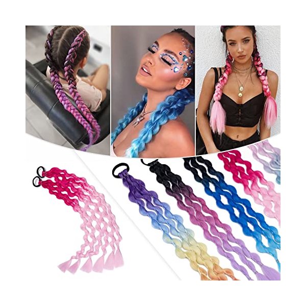 Hairro Colored Braids Hair Extensions with Rubber Bands Rainbow Braided Synthetic Hairpieces Ponytail Hair Accessories for Women Kids Girls Party Highlight 24 Inch 2pcs/Pack #BY40 Red to Light Pink