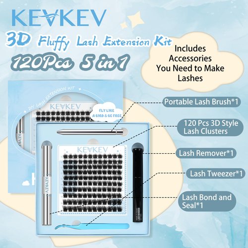 KevKev DIY Lash Extension Kit 3D Fluffy Eyelash Extension Kit 120 Pcs Lash Clusters Kit Individual Lashes Kit Mixed C/D Lash Bond and Seal Lash Glue Lash Remover (Daisy,10-16mix)