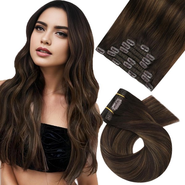Moresoo Clip in Hair Extensions for Women Darkest Brown Mixed with Chestnut Brown Balayage Human Hair Clip Ins 18Inch Hair Extensions for Women Clip in Brown 7pcs 120G