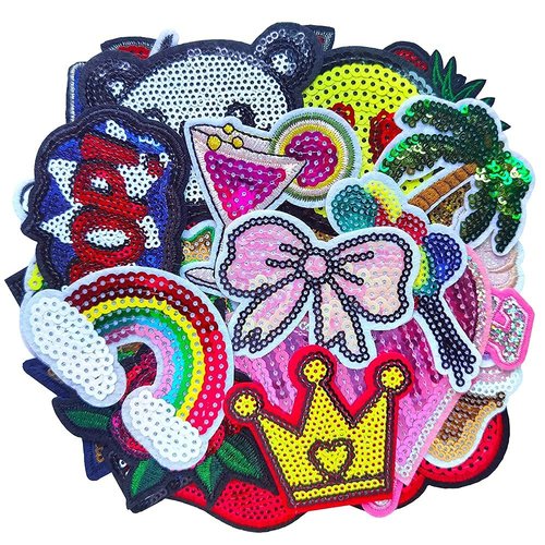 Qingxi Charm 32pcs Assorted Styles Sequins Sewing on/Iron on Embroidered Patches Clothes Dress Hat Pants Shoes Curtain Sewing Decorating DIY Craft Embarrassment Applique Patches (Sequins 32pcs)