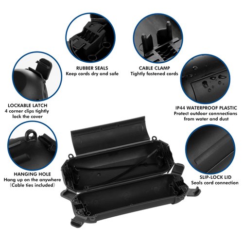 Restmo 2 Pack Compact Outdoor Extension Cord Cover, IP44 Waterproof Box and Safety Housing Case, Ideal to Protect Outdoor Plugs, Electrical Connections, Holiday Decoration Lights, Size Small, Black