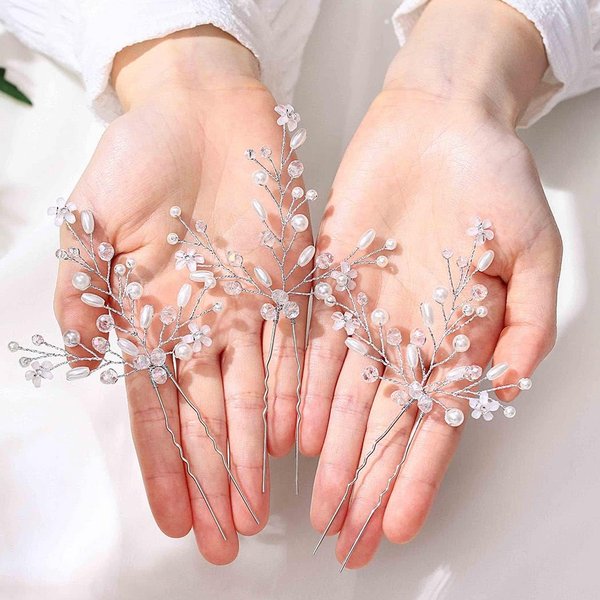 EVILD Bride Wedding Pearl Hair Pins Sliver Crystal Hair Piece Flower Bridal Hair Accessories for Women(Pack of 3)