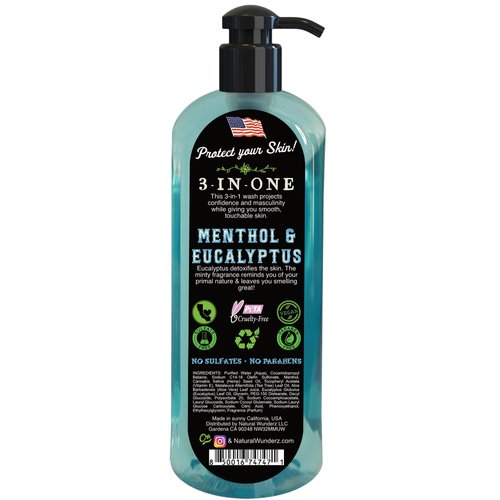 Mens Body Wash with Menthol & Eucalyptus, 32 Fl Oz, All Natural 3-In-1 Body Scrub and Liquid Soap for Gentle Cleansing, Vegan Friendly, Sulfate Free, and Cruelty Free