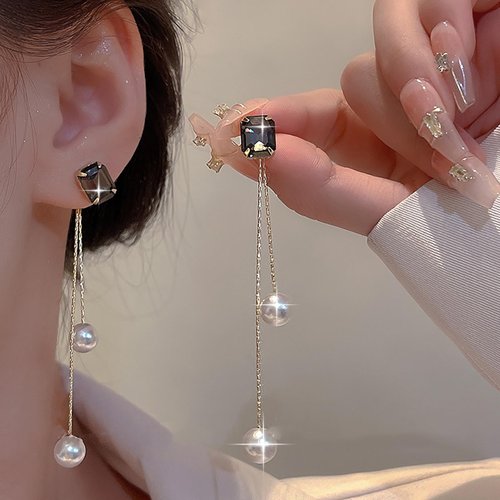 Sttiafay Vintage Black Crystal Pearl Drop Earrings Gold Long Tassel Pearl Earrings Rhinestone Pearl Chain Earrings Black Square Crystal Earrings Jewelry for Women