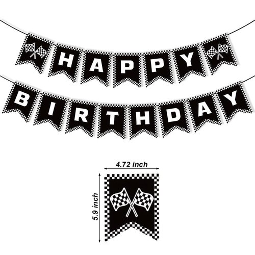 Eostankr Race Car Happy Birthday Banner Race Car Birthday Party Decorations Black and White Checkered Flag Banner Racing Themed Checkered Flag Party Supplies for Boys