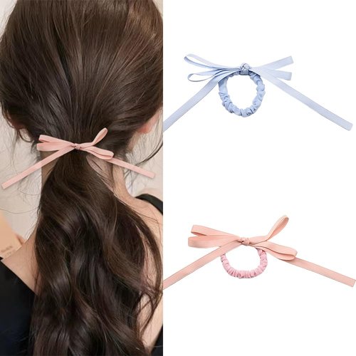 Ribbon Bow Hair Scrunchies for Women Girls blue and Pink Hair Bows Ties for Teen Girls Bowknot Hair Rubber Bands for Women Silk Bow Scrunchy 2 PCS